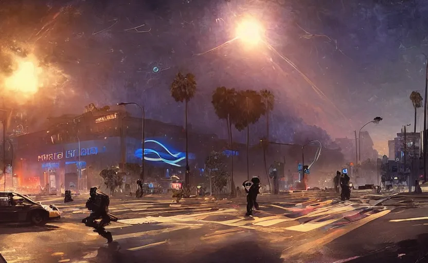 Image similar to people with posters attacking cops, a huge blue spiral - shaped white luminous attractor is floating on the horizon near the sun, stores in los angeles with light screens all over the street, concept art, art for the game, professional lighting, dark night lighting from streetlights, by ilya repin