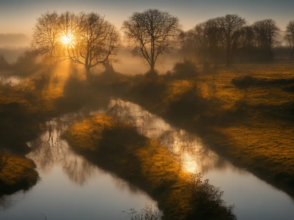 Image similar to A landscape photo taken by Kai Hornung of a river at dawn, misty, early morning sunlight, cold, chilly, two swans swim by, rural, English countryside