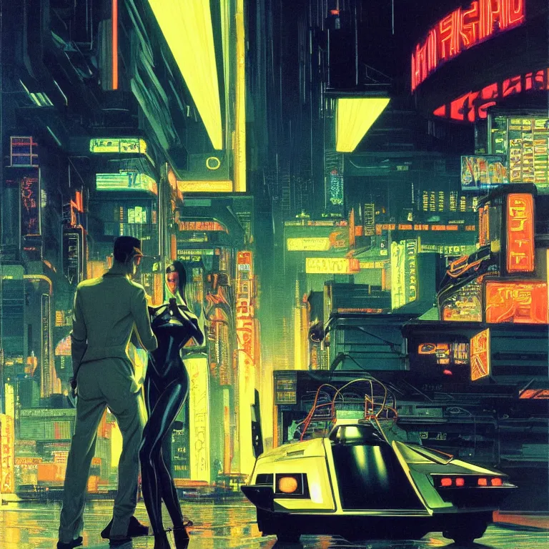 Prompt: scene of night life with people dressed in futuristic clothes, cyberpunk designs, vehicles, automations, and faint glows of vivid color, cinematic, highly detailed, intricate, hd quality, realism, from blade runner concept art, acrylic on canvas, by syd mead and edward hopper and noriyoshi ohrai