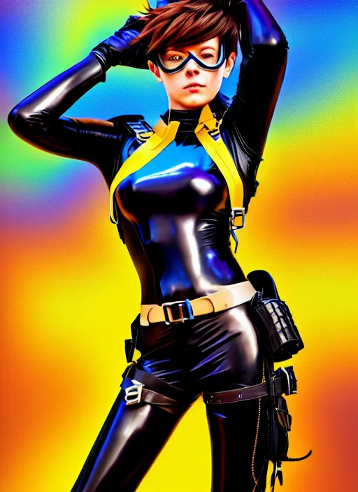 Image similar to oil painting digital artwork of tracer overwatch, confident pose, wearing black iridescent rainbow latex, 4 k, expressive happy smug expression, makeup, in style of mark arian, wearing leather collar, wearing sleek armor, black leather harness, expressive detailed face and eyes,