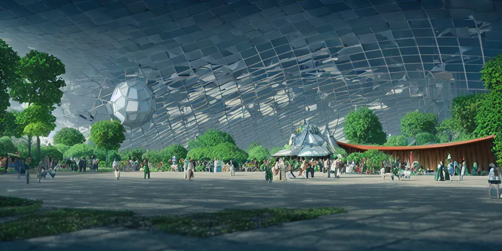 Image similar to expo 6 7 pavillion, solarpunk, studio ghibli, jean - baptiste monge, octane render, 4 k, symmetry