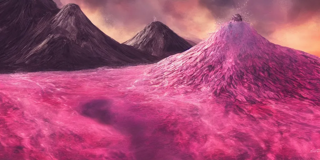 Image similar to pink lemonade flowing from the volcano, digital art, 4 k, highly detailed, soft lighting, dramatic perspective