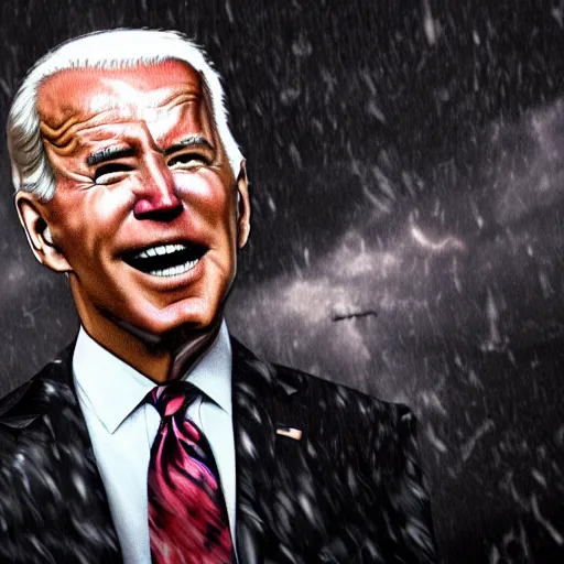 Prompt: Huge, Bellowing Joe Biden with glowing eyes, thunderstorm. Fantasy concept art, best of ArtStation