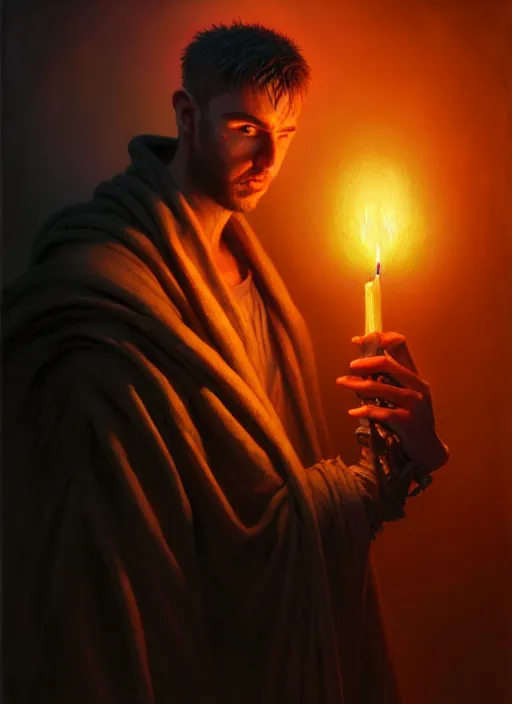 Image similar to closeup realistic portrait of a male necromancer, backlit, candlelit, oil painting, concept art, filip hodas, john howe, mike winkelmann, jessica rossier, andreas rocha, bruce pennington, albert bierstadt, peter mohrbacher, donato giancola, joseph christian leyendecker, wlop, boris vallejo