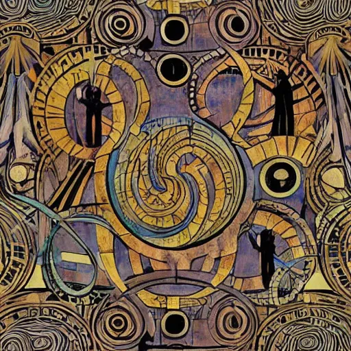 Prompt: maze labyrinth steampunk by albert gleizes and by hilma klint, hd, no border, vivid colors