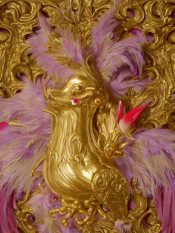 Image similar to a beautiful render of an exotic pale lilac feathered and metallic gold bird with red jewel eyes, surrounded by an elaborate decorative plaster arabesque rococo motif, by Raphael and Antoine Watteau, zbrush, redshift render, 8k, hyperreal