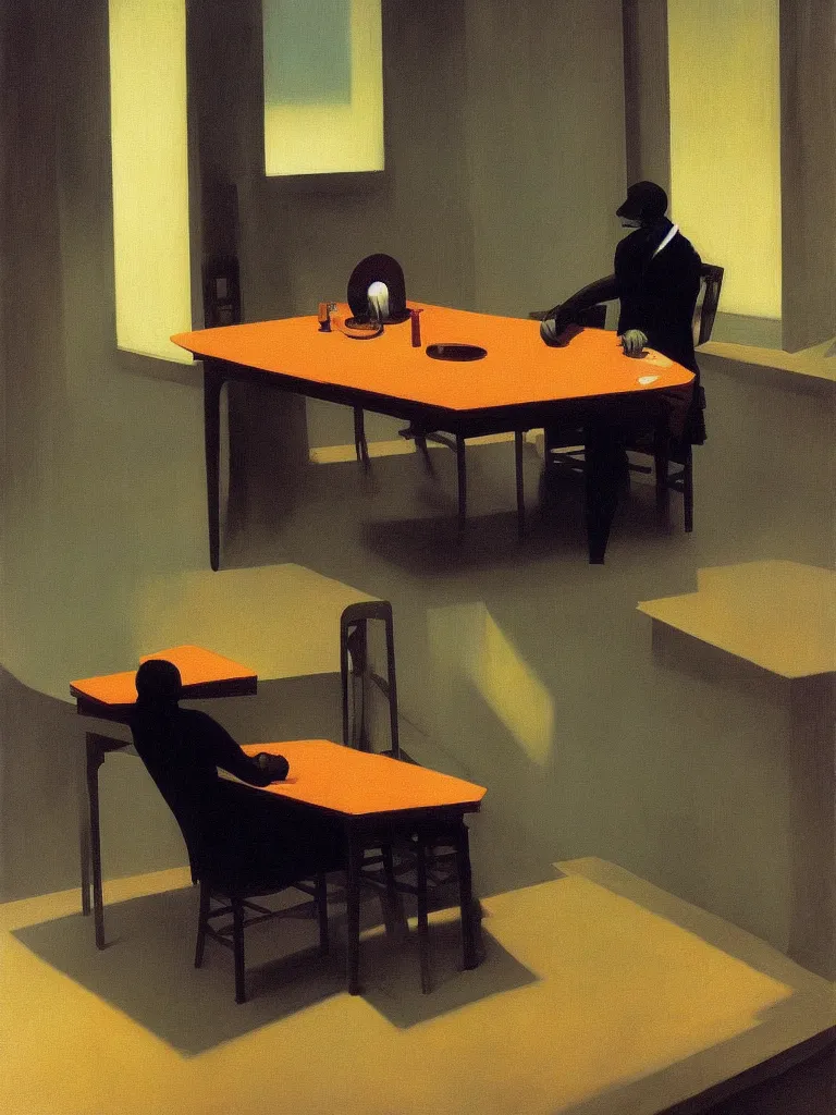 Image similar to the devil eating computer in the table edward hopper and james gilleard, zdzislaw beksinski highly detailed