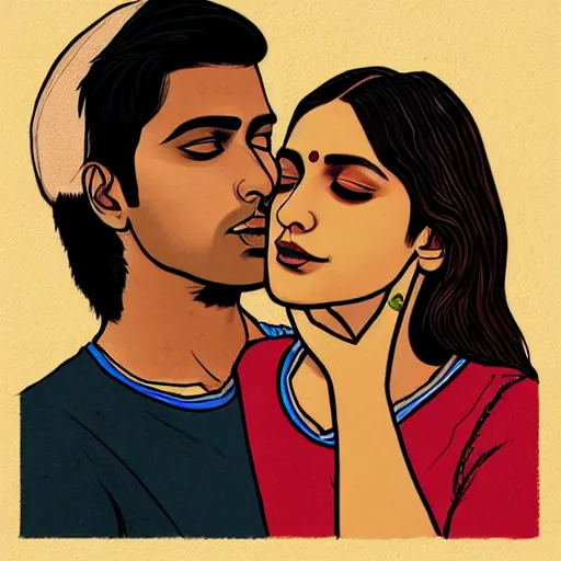 Prompt: perfectly centered symmetrical split male and female portrait of young indian man and woman in love sharing one heart. illustration, highly detailed, simple, no jagged lines, smooth, artstation, artwork by chip zdarsky
