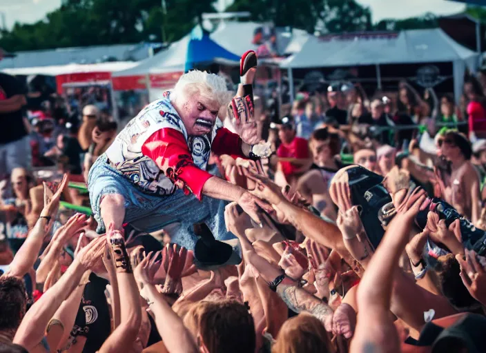 Image similar to photo still of rip taylor at vans warped tour!!!!!!!! at age 6 3 years old 6 3 years of age!!!!!!! stage diving at a crowd, 8 k, 8 5 mm f 1. 8, studio lighting, rim light, right side key light