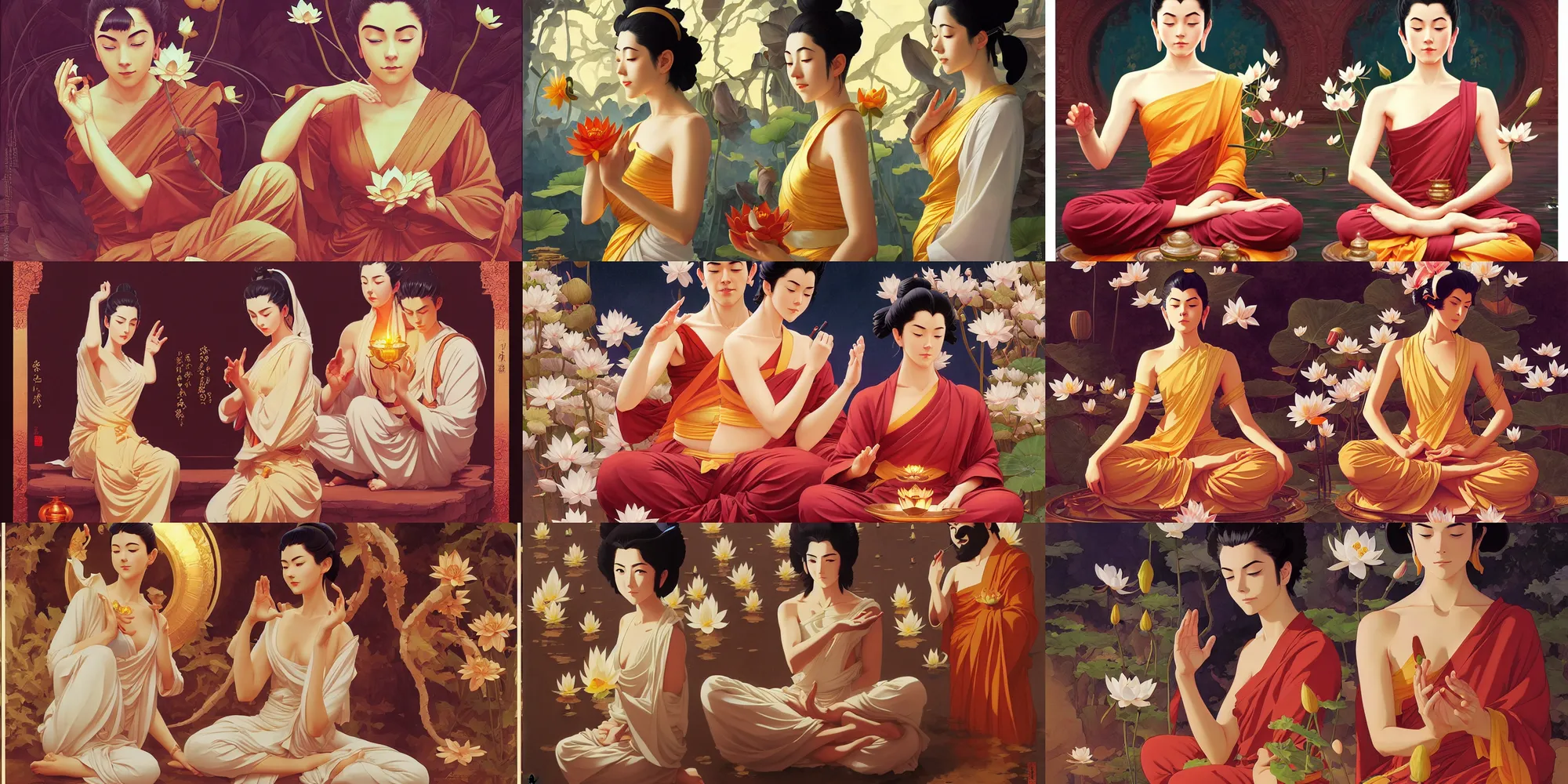 Prompt: buddhism, lotus, in the style of studio ghibli, j. c. leyendecker, greg rutkowski, artgerm