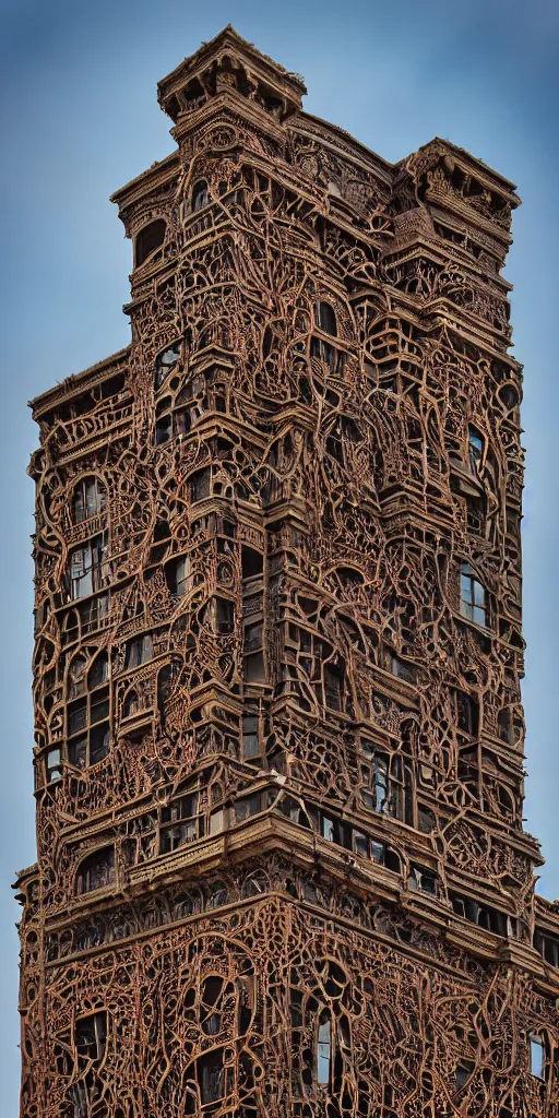 Image similar to a professional photograph of a very beautiful beautiful modern building by Louis Sullivan and H.R. Giger covered in copper and ironwork vines, deep crevices of stone, Chiaroscuro, layers of colorful reflections, rusticated stone base, rusticated stone base, rusticated stone base, a dramatic sky, crowds of people climb the building, a dramatic sky, crowds of people , Sigma 75mm, ornate, very detailed, Symmetrical composition, centered, intricate, panoramic, Dynamic Range, HDR, chromatic aberration, Orton effect, 8k, photo by Marc Adamus, painting by Jeremy Mann, cinematic, vignette, vignette tilt-shift, bokeh , artstation