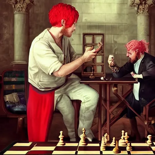 Image similar to a beautiful man wearing a red wig playing chess with an older janitor. baroque. high quality artgem trending fantastic exquisite