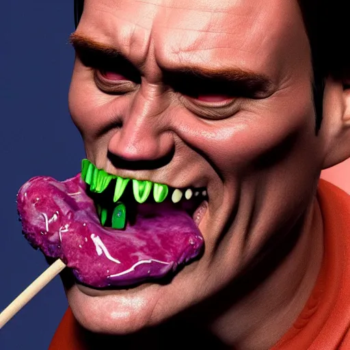 Image similar to jim carrey is fused into a meat stick, hyperdetailed, artstation, cgsociety, 8 k