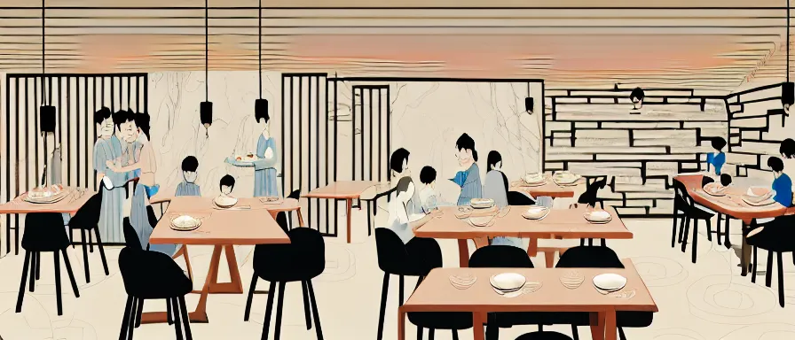 Image similar to a beautiful interior view illustration of a small roasted string hotpot restaurant in yan'an city, wall corner, restaurant wall paper is tower amd mountain, rectangle white porcelain table, people are eating, black chair, animation illustrative style, from china, simple style structure decoration design, victo ngai, james jean, 4 k hd