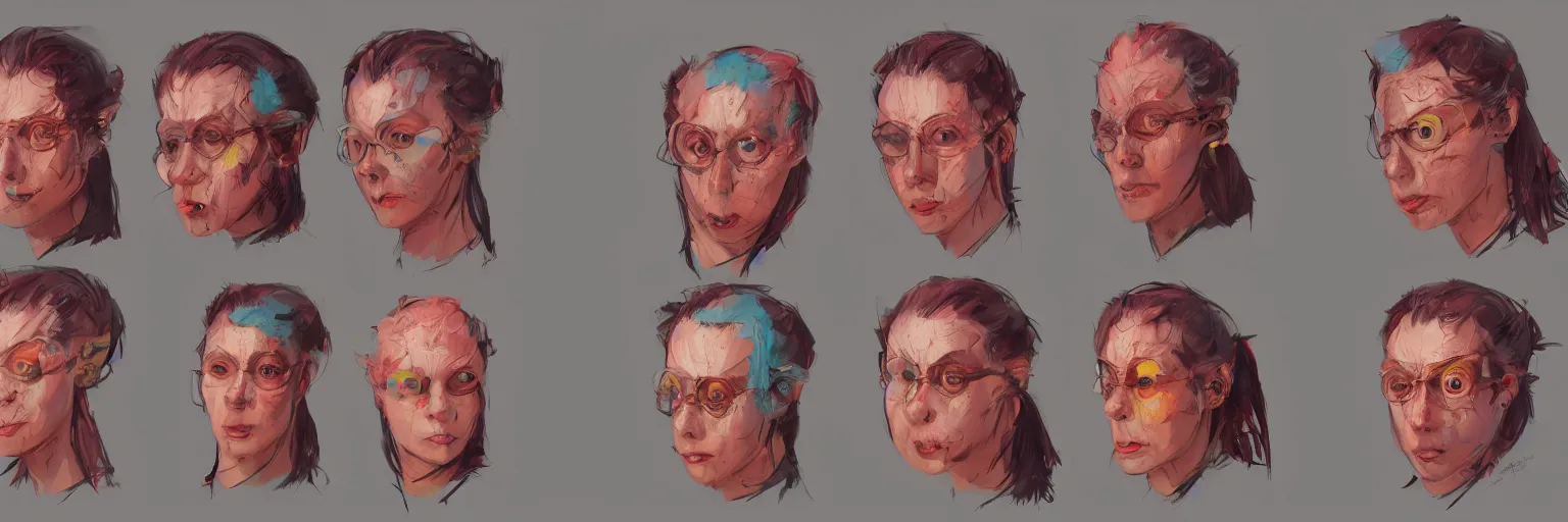 Image similar to colorful character faces, realistic todd solondz faces, character sheet, fine details, concept design, contrast, kim jung gi, greg rutkowski and da vinci, trending on artstation, 8 k, emotional, face turnaround, front view, back view, side view, ultra wide angle