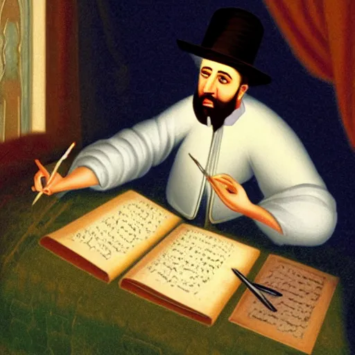 Prompt: maimonides writing by candlelight, in the style of a veggie tales cartoon