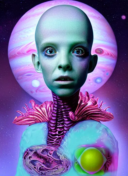 Prompt: hyper detailed 3d render of alien visiting jupiter - kawaii portrait in spaceship (an astronaut with advanced suit like a skeksis from dark crystal that looks like millie bobby brown and Krysten Ritter) seen Eating of the Strangling network of yellowcake aerochrome and milky Fruit and His delicate Hands hold of gossamer polyp blossoms bring iridescent fungal flowers whose spores black the foolish stars by Jacek Yerka, Ilya Kuvshinov, Mariusz Lewandowski, Houdini algorithmic generative render, Abstract brush strokes, Masterpiece, Edward Hopper and James Gilleard, Zdzislaw Beksinski, Mark Ryden, Wolfgang Lettl, hints of Yayoi Kasuma, octane render, 8k