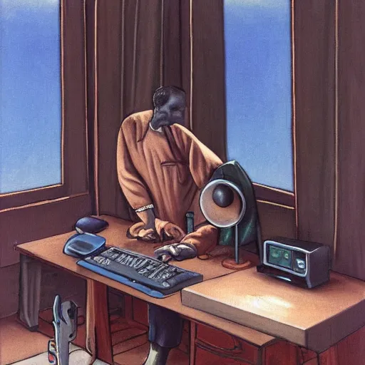 Image similar to a man begs his computer and monitor for more dalle 2 prompts. the apocalypse outside his giant apartment window. oil painting, 1 9 7 0 s