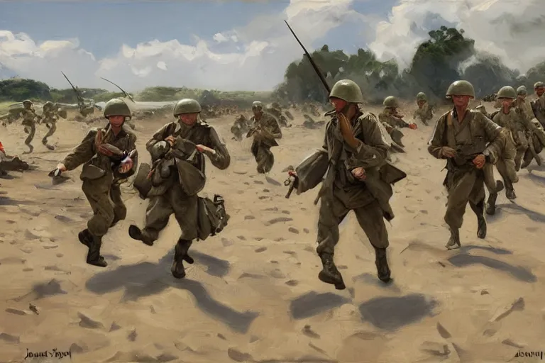 Prompt: anthropomorphic tortilla chips charging across a beach, WW2 Normandy Foy Arnhem 1944, oil painting by John Singer Sargent, Adrian Smith, Greg Rutkowski, Trending on Artstation