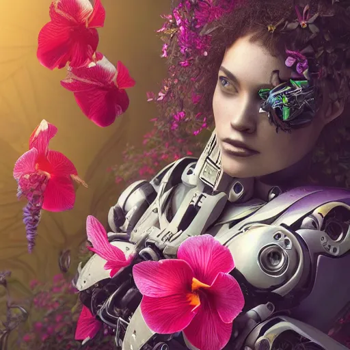 Prompt: a beautiful fine art RPG portrait photo of a resting cyberpunk gigeresque robot, wavy hair spread out, surrounded by hibiscus, daffodils, moth orchids, swallowtail butterflies, montsera leaves, soft studio lighting, 50mm lens, very detailed, bionic, robotic, deep depth of field, artstation, 4K