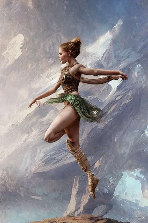 Image similar to a full body portrait of a beautiful post apocalyptic offworld desert gymnast leaping in ballet dance pose by the emerald oasis pools, intricate, elegant, highly detailed, digital painting, artstation, concept art, smooth, sharp focus, illustration, art by krenz cushart and artem demura and alphonse mucha