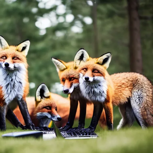 Image similar to a group of fox animals dressed in modern american military soldier uniforms, foxes laughing at a computer, 8 5 mm f / 1. 4