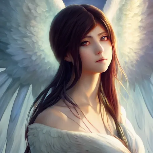 Image similar to an oil painting of a beautiful anime girl with angel wings, by artgerm, wlop and greg rutkowski, hd, hdr, ue 5, ue 6, unreal engine 5, cinematic 4 k wallpaper, 8 k, ultra detailed, high resolution, artstation, award winning