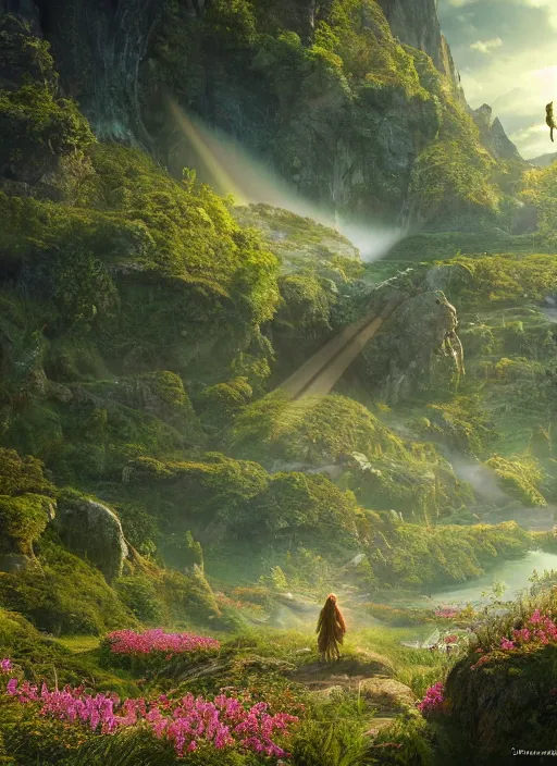 Prompt: a flying faerie in the distance of a lord of the rings scenery landscape, a vast lush valley flowers and wooden structures, stream, sunrise, god's rays highly detailed, vivid color, cinematic lighting, perfect composition, 8 k, gustave dore, derek zabrocki, greg rutkowski, belsinski, octane render