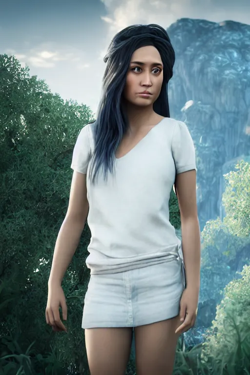 Image similar to Zoe Castillo from videogame Dramfall Chapters and the larguest journey , photorealism, full body, white ambient background, unreal engine 5, hyperrealistic, highly detailed, XF IQ4, 150MP, 50mm, F1.4, ISO 200, 1/160s, natural light, Adobe Lightroom, photolab, Affinity Photo, PhotoDirector 365, realistic