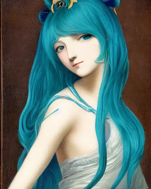 Image similar to 19th century romantic painting of hatsune miku, blue hair, golden ratio