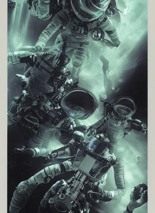 Image similar to astronauts in dark and empty void underwater - complex and hyperdetailed suit. reflection and dispersion materials. rays and dispersion of light. volumetric light. 5 0 mm, f / 3 2. noise film photo. flash photography. ultra realistic, wide angle. poster by wayne barlowe, hajime sorayama aaron horkey, craig mullins. polaroid.