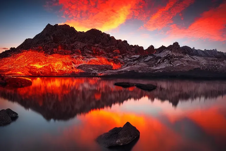 Image similar to amazing landscape photo of mountains with lava lake in sunset by marc adamus beautiful dramatic lighting, Gediminas Pranckevicius