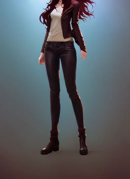 Image similar to pretty young woman with shoulder length shiny shimmering dark red hair and wearing worn leather jacket, concept art, t - pose, full body, path traced, highly detailed, high quality, digital painting, by studio ghibli and alphonse mucha, leesha hannigan, makoto shinkai, arcane