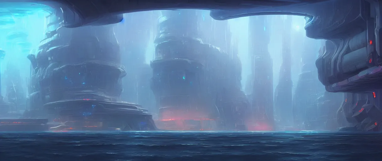 Image similar to digital painting of an underwater sci-fi city, style of Ralph Mcquarrie, concept art, high angle, high detail, cold lighting, dark, vivid, beautiful, caustics, trending on artstation, by Jordan grimmer, no focus, huge scene