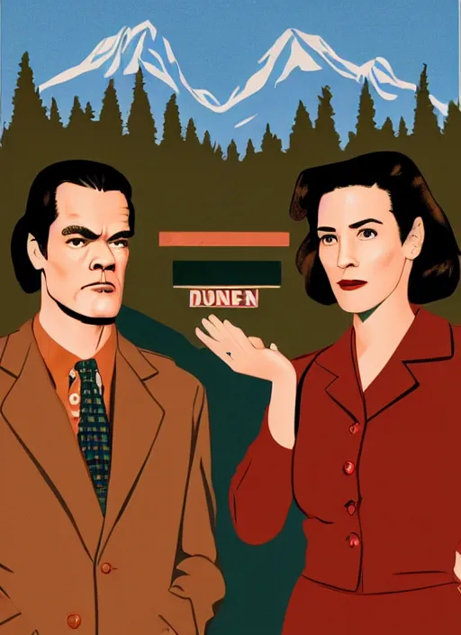 Image similar to Twin Peaks art, of Michael Shannon dressed as mechanic talking to Jennifer Connelly wearing light blue diner waitress dress, poster artwork by James Edmiston, from scene from Twin Peaks, simple illustration, domestic, nostalgic, from scene from Twin Peaks, clean, New Yorker magazine cover