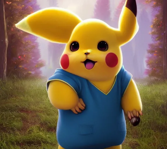 Image similar to epic fantasy comic book style portrait painting of a giant feral pikachu holding a tiny misty in his hand, by mark ryden and pixar and hayao miyazaki, unreal 5, daz, hyperrealistic, octane render, cosplay, rpg portrait, dynamic lighting, intricate detail, cinematic