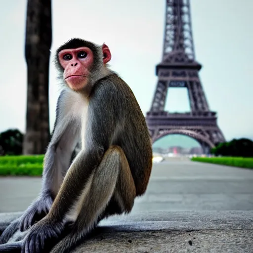 Image similar to high quality portrait of a monkey in front of eiffel tower, studio photograph, photograph, realistic photo, 8k photo, 4k photo, stock photo, high resolution, cinematic shot, high detail