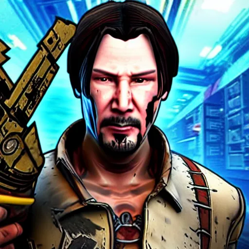 Prompt: Screenshot from new Borderlands Matrix crossover DLC featuring Keanu Reeves as Neo, 8k photorealistic