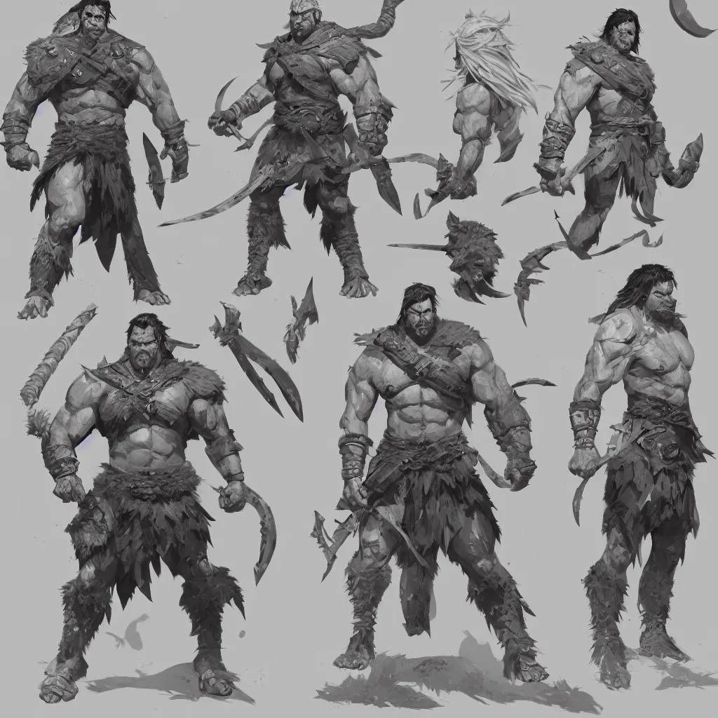 Image similar to character sheet of barbarian warrior, muscular, handsome, chiseled, by greg rutkowski and studio ghibli, digital art, trending on artstation, highly detailed, concept art, beautiful, masterpiece