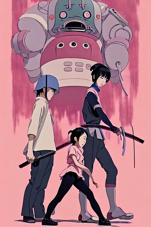 Image similar to Artwork by James Jean, Phil noto and studio ghibli ; (1) a young Japanese future samurai police lady named Yoshimi battles an (1) enormous evil natured carnivorous pink robot on the streets of Tokyo; Japanese shops and neon signage; crowds of people running; Art work by Phil noto and James Jean