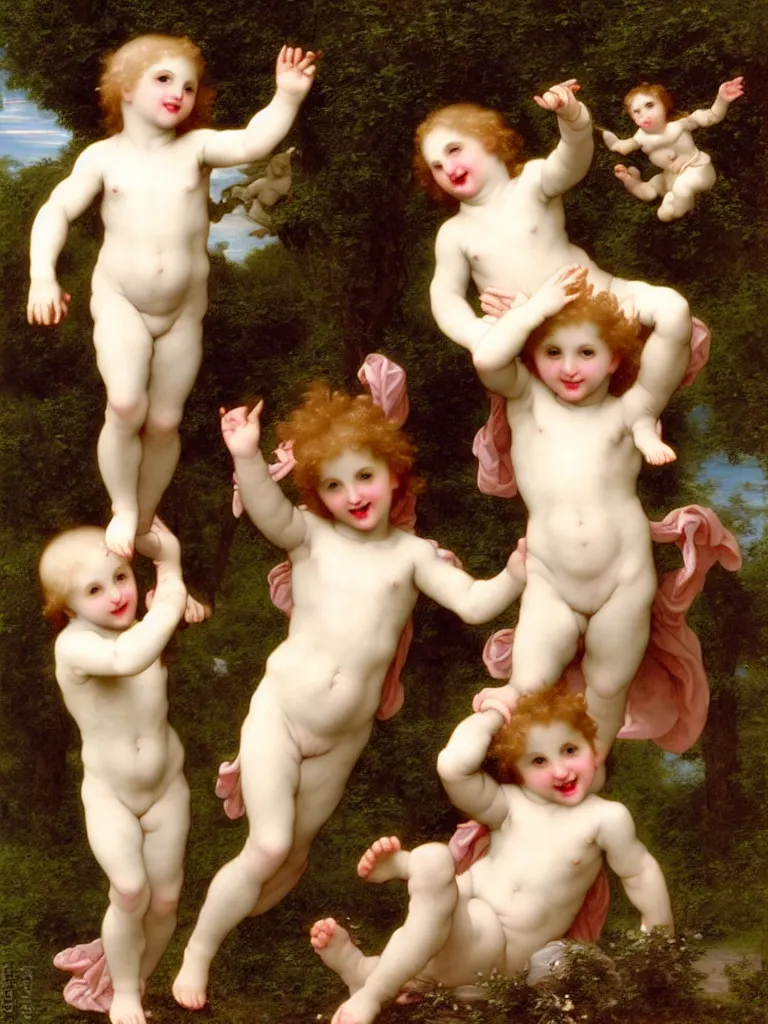 Prompt: Devils Laugh at Cherubs in an Arcadian Milieu, art by Gustav Doré and William-Adolphe Bourguereau