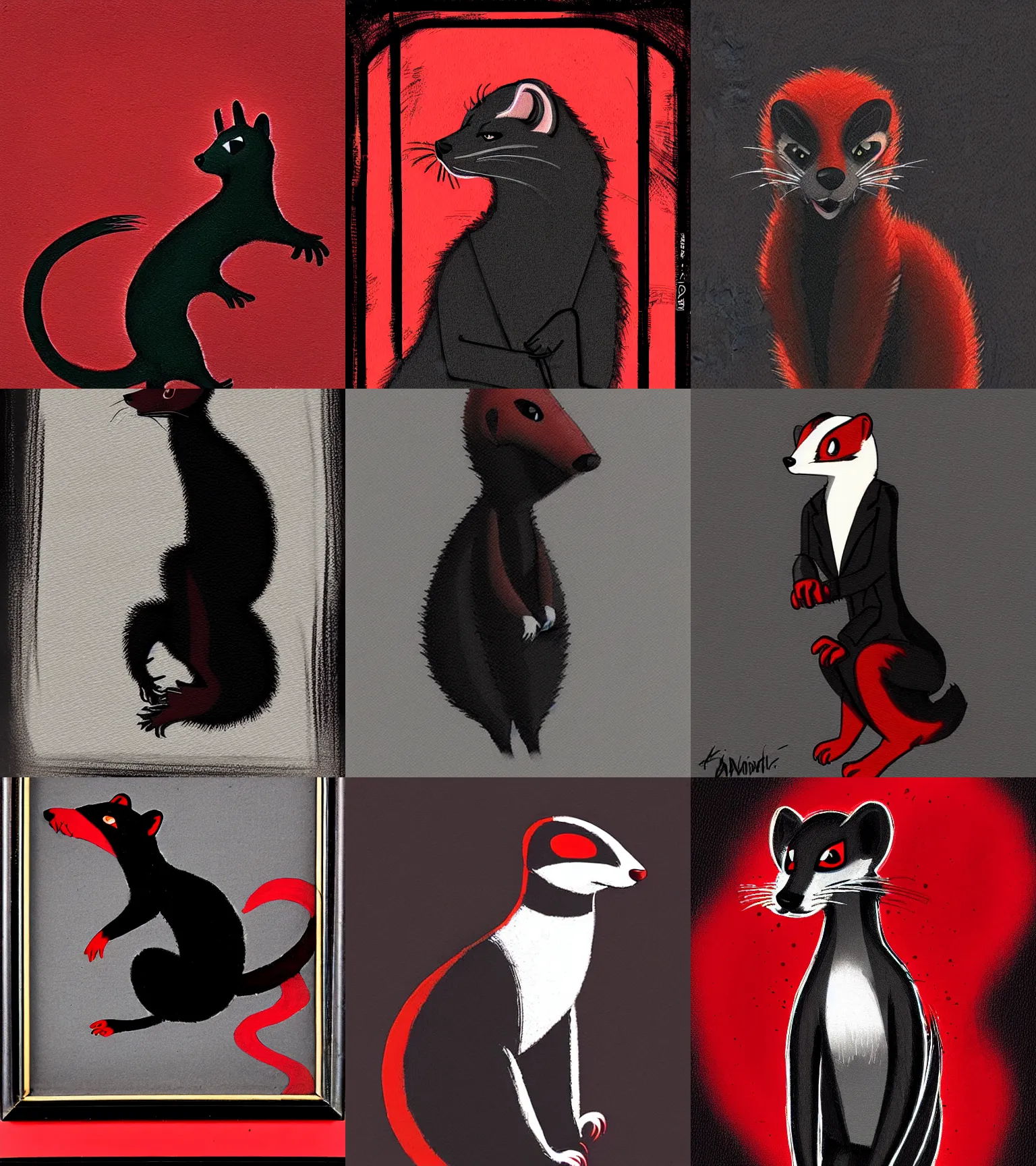 Prompt: red - and - black weasel / stoat fursona ( furry fandom ), neo - noir setting, detective fiction inspired art tone, small brush strokes, black pen detailing, subtle canvas weathering