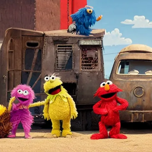 Image similar to sesame street in mad max