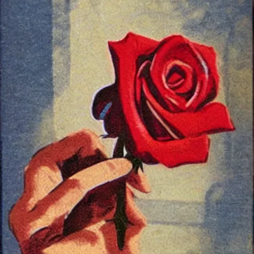 Prompt: a hand holding a rose, vintage comic book illustration,