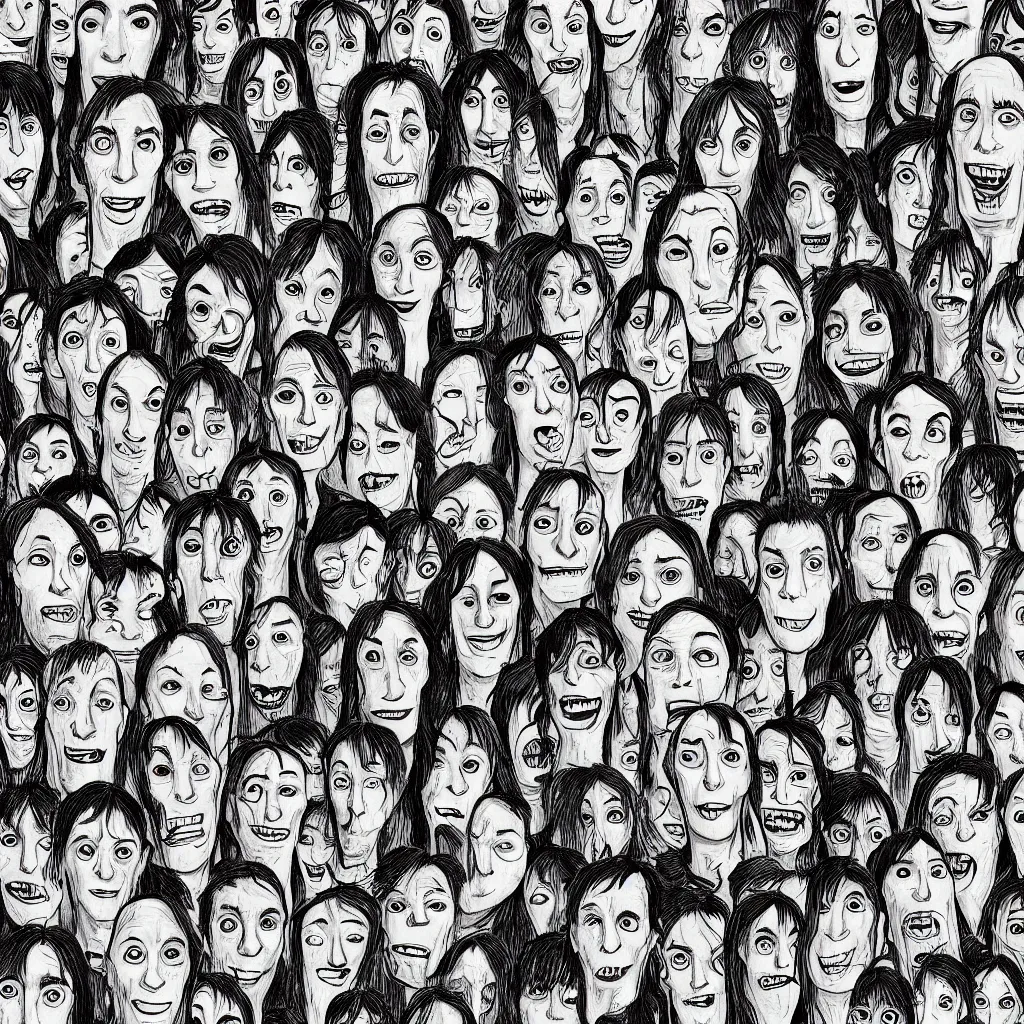 Image similar to portrait photo of a human with an absurdly long face and multiple sets of mouths stacked on top of each other, illustrated by junji ito