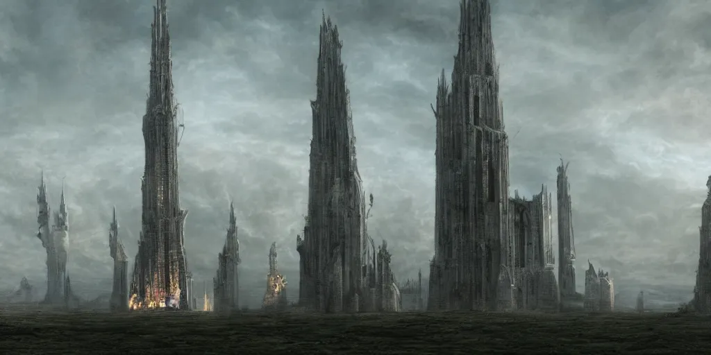 Image similar to Orthanc tower inside Isengard in the evening, detailed matte painting, cinematic, Alan Lee, Artstation