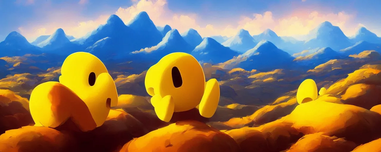 Image similar to detailed pacman in a beautiful nature landscape with clouds, mountains, in background, sunset, by rhads, pacman