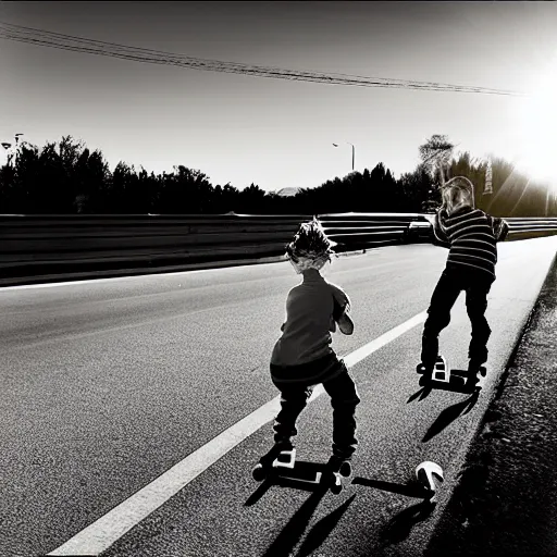 Prompt: three children belly - skateboarding on busy highway, award winning photograph, lens flare, 3 5 mm, cinematic