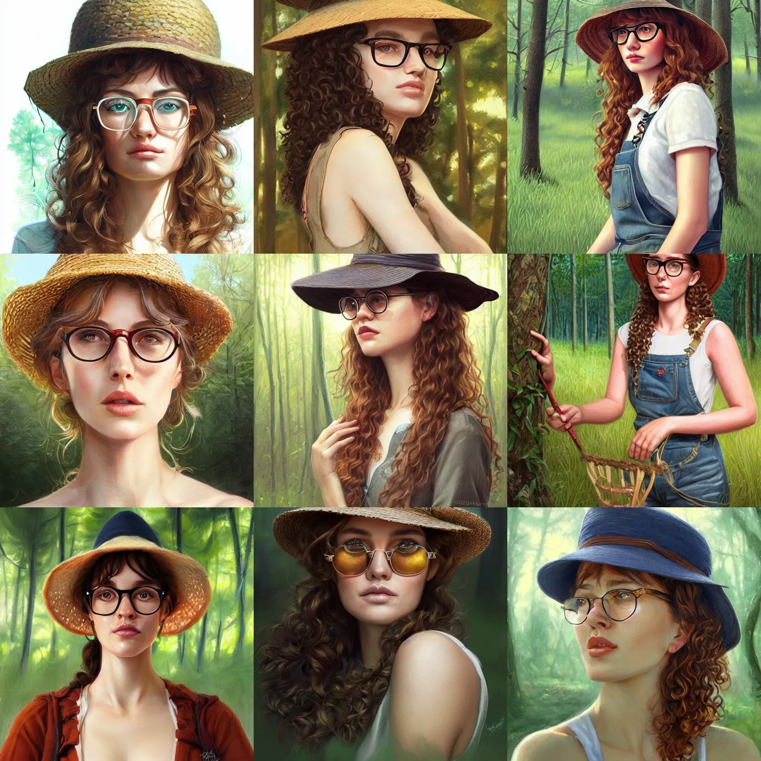 Prompt: woman, hannah dodd, portrait, highly detailed, digital painting, artstation, summer forest background, concept art, sharp focus, illustration, overalls, straw hat, glasses, long curly brown hair, art by artgerm and greg rutkowski and magali villeneuve