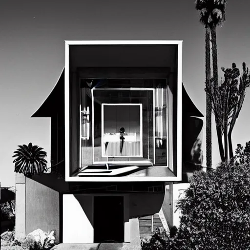 Image similar to “ a perfectly centered beautiful black and white 9 0 mm photo of mid - century retro - futuristic house in los angeles ”